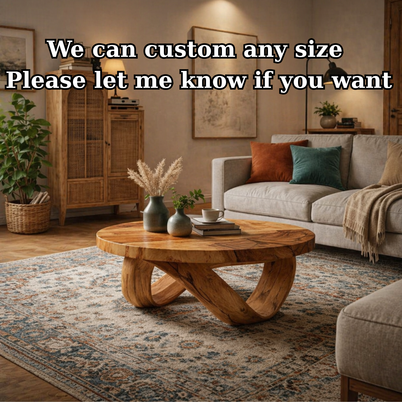 Round Solid Wood Coffee Table with Sculptural Curved Base in Warm Walnut Tone