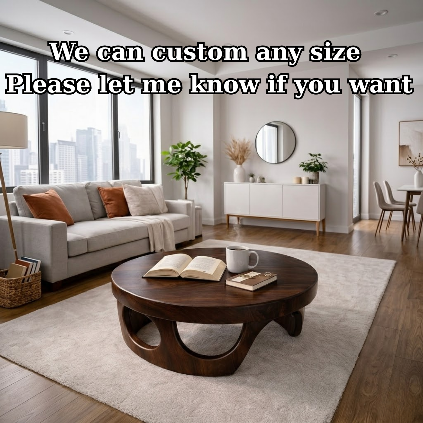 Round Solid Wood Coffee Table with Sculptural Base and Rich Walnut Finish