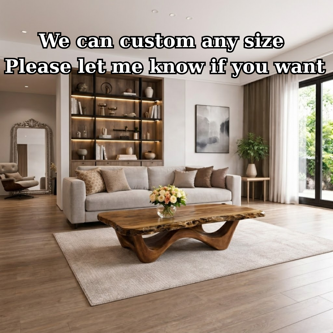 Live Edge Solid Wood Coffee Table with Sculptural Base and Natural Grain