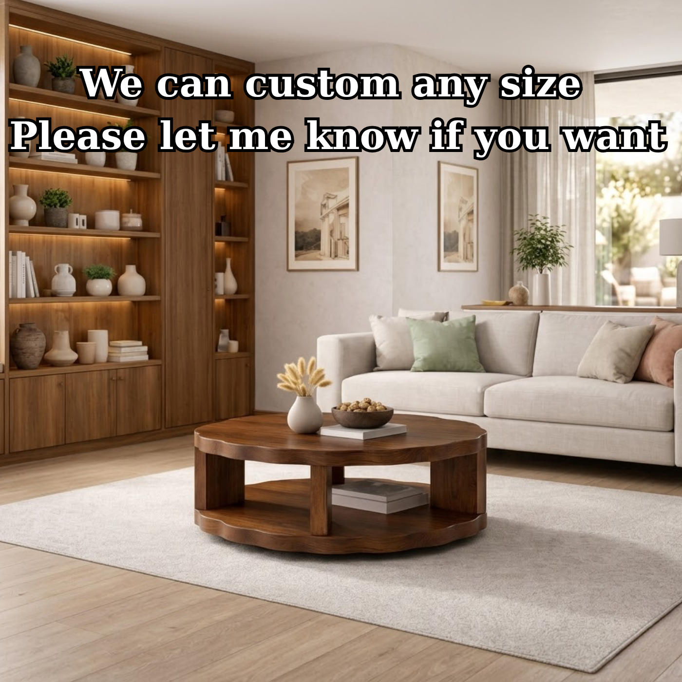 Round Solid Wood Coffee Table with Storage Shelf and Thick Slab Design