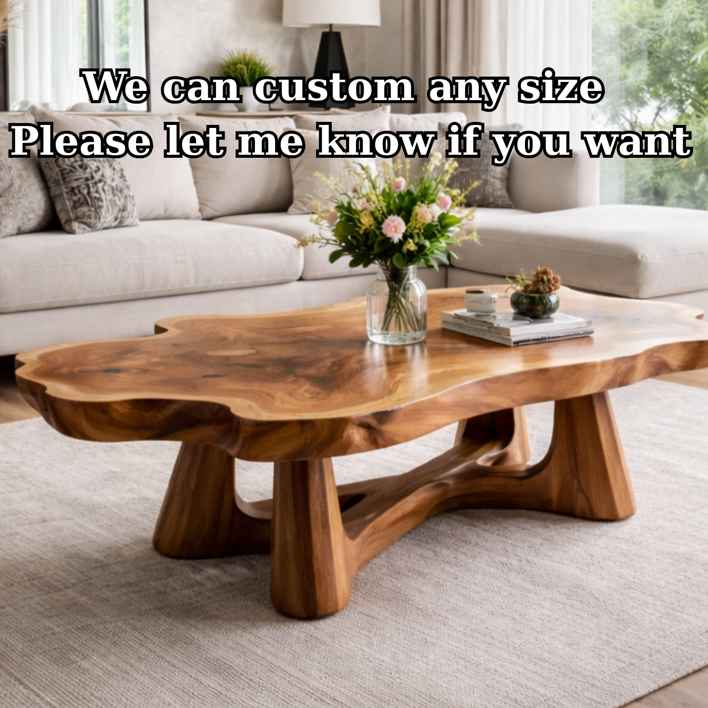 Solid Wood Live Edge Coffee Table with Sculptural Base and Organic Curved Design