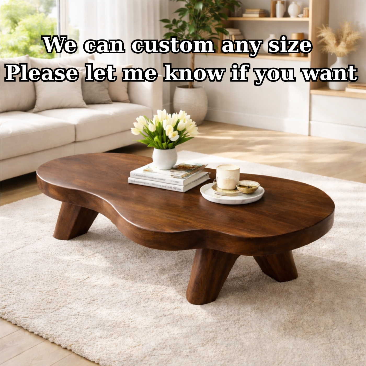 Organic Solid Wood Coffee Table with Sculpted Base and Smooth Curved Top