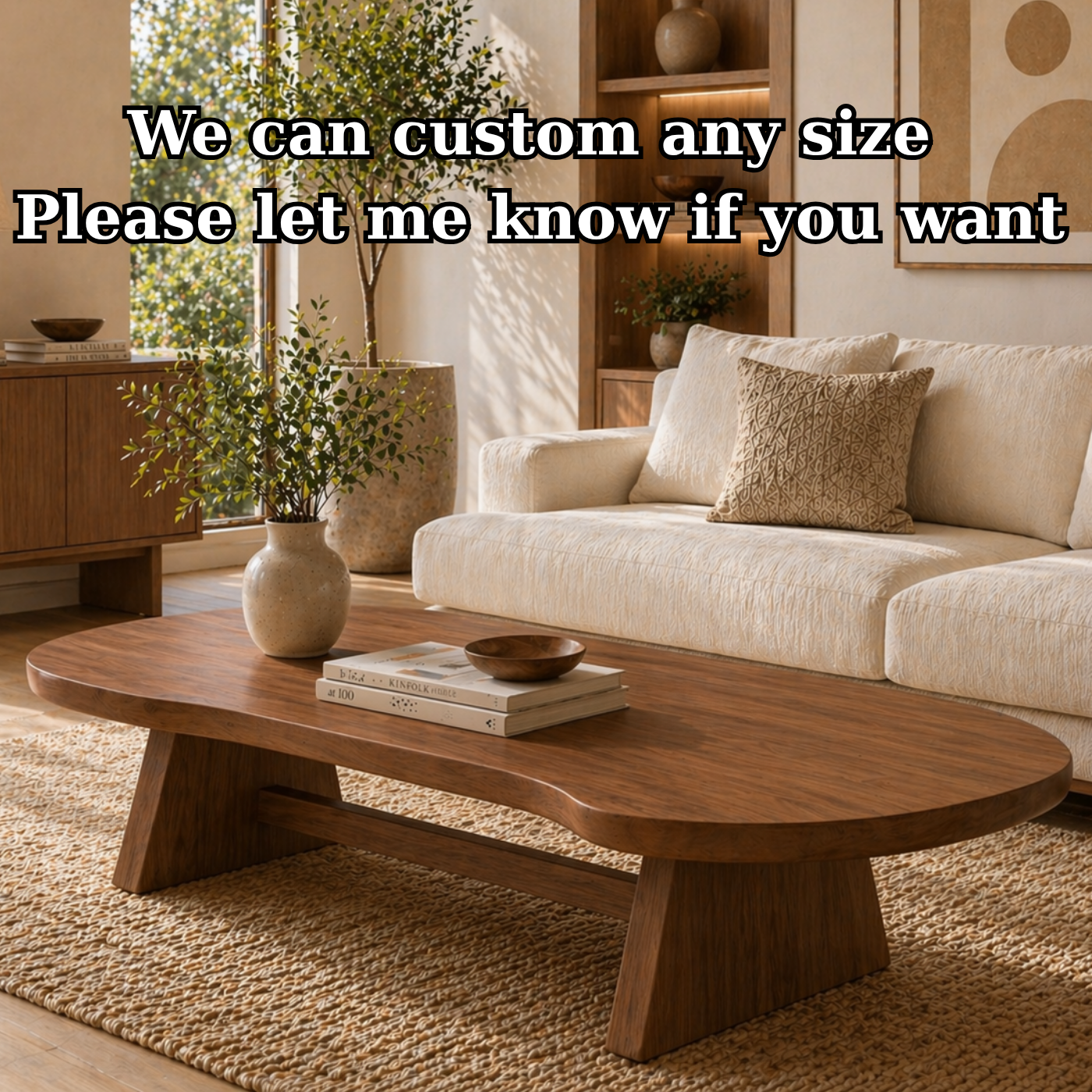 Solid Wood Coffee Table with Organic Oval Top and Angled Base
