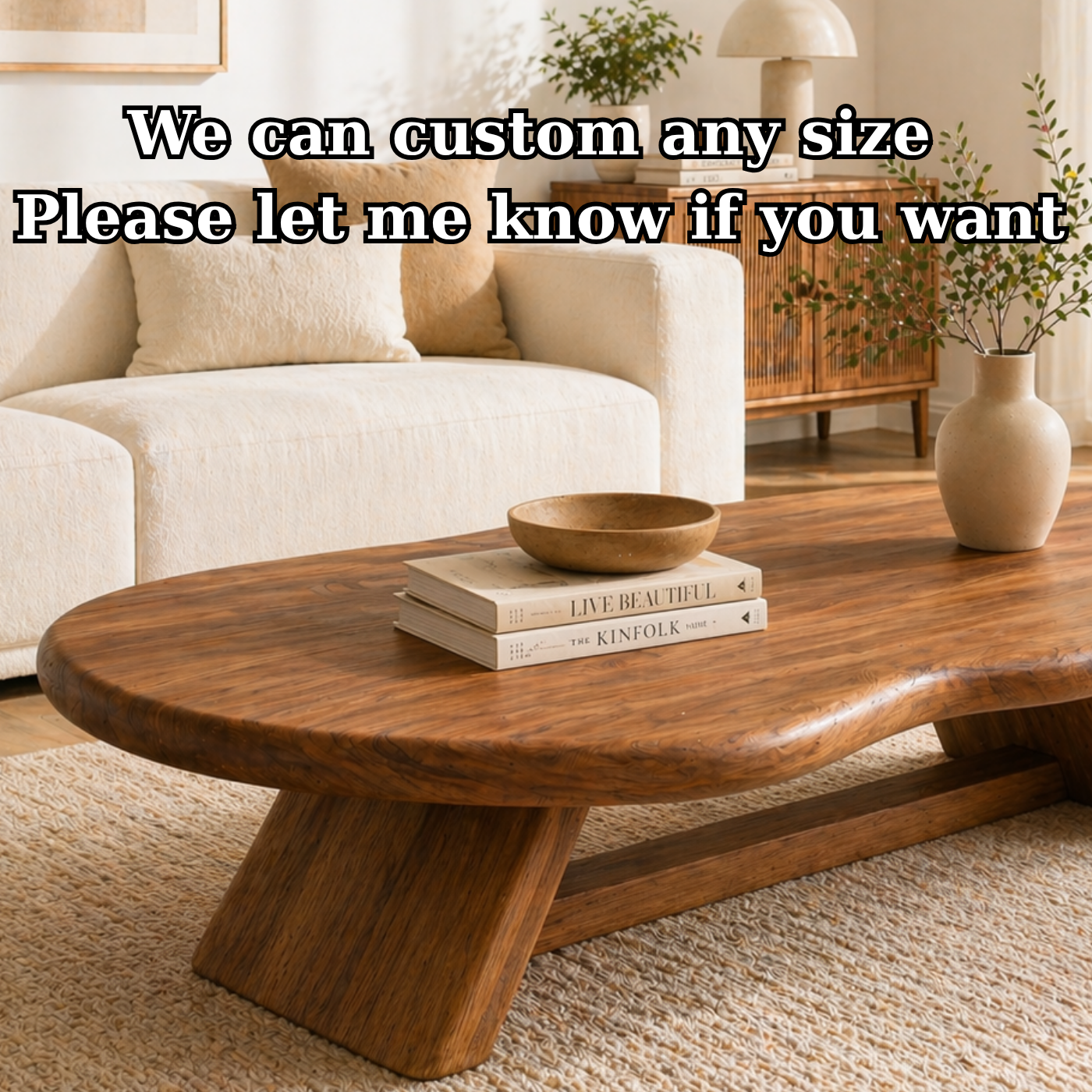 Solid Wood Coffee Table with Organic Oval Top and Angled Base