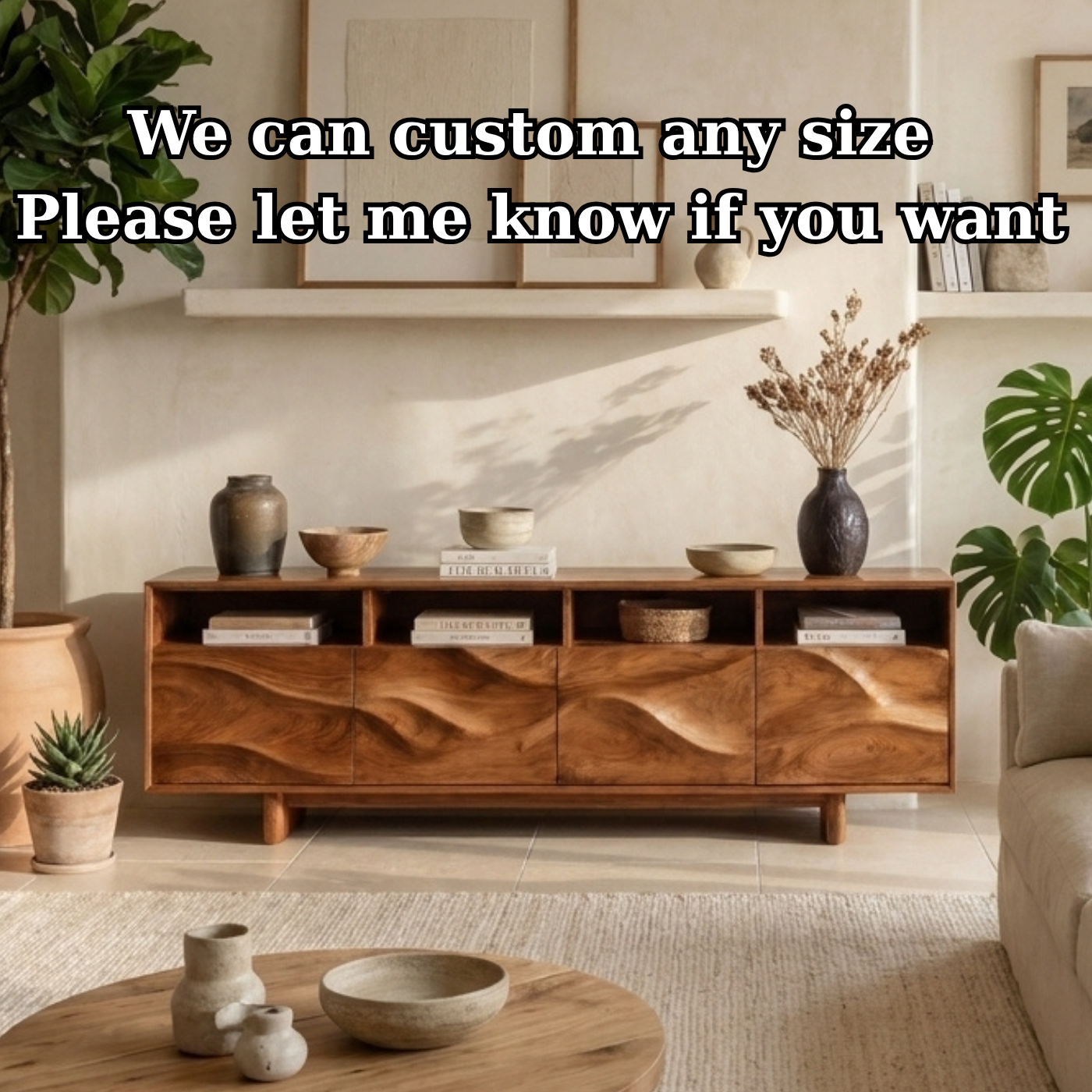 Solid Wood TV Stand with Wave Carved Doors and Open Storage in Walnut Finish