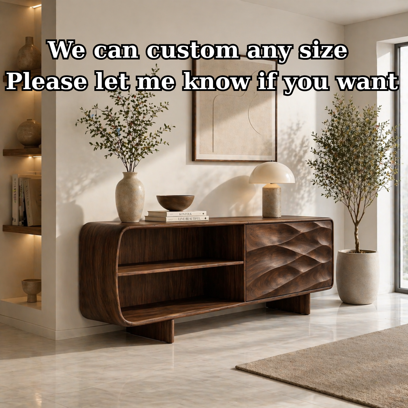 Solid Wood TV Stand with Curved Frame and Wave Carved Door in Walnut Finish