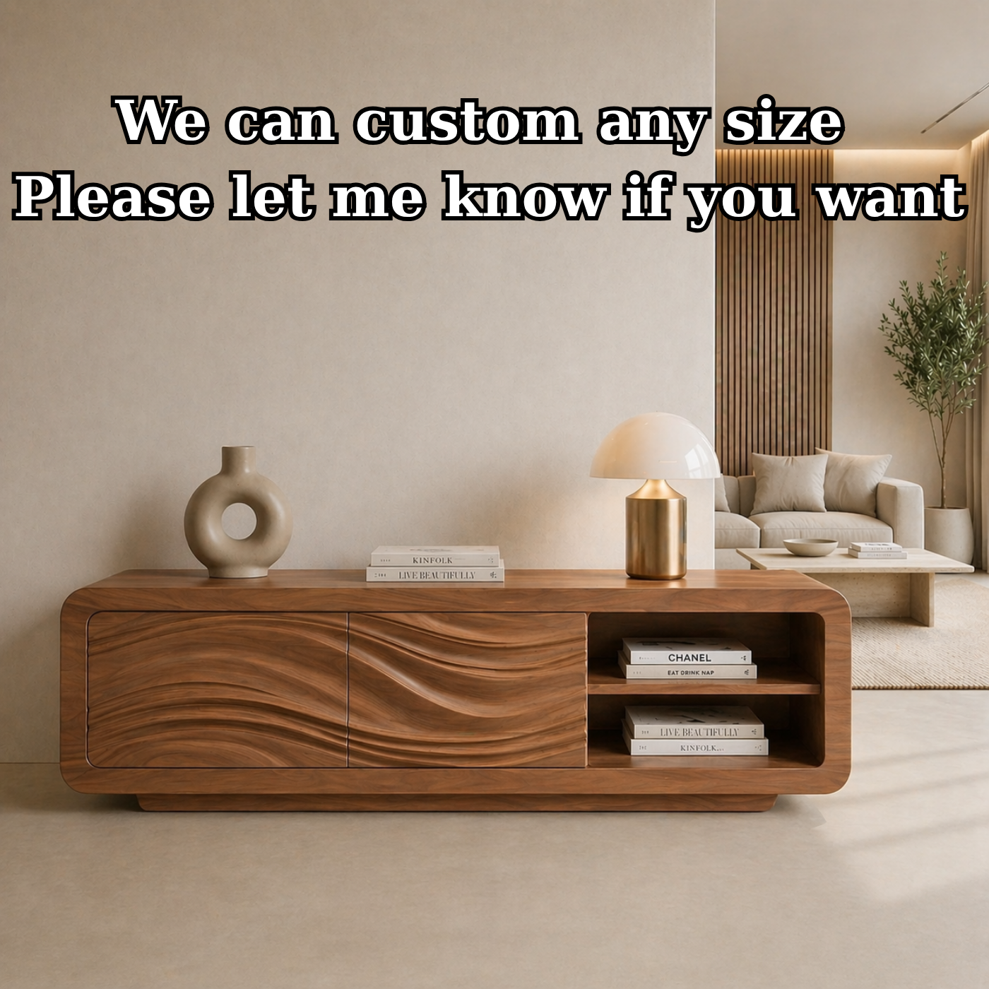 Solid Wood TV Stand with Wave Carved Doors and Open Shelf in Walnut Finish