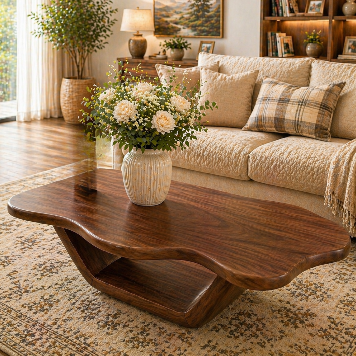 Solid Wood Coffee Table with Organic Curved Top and Sculptural Base