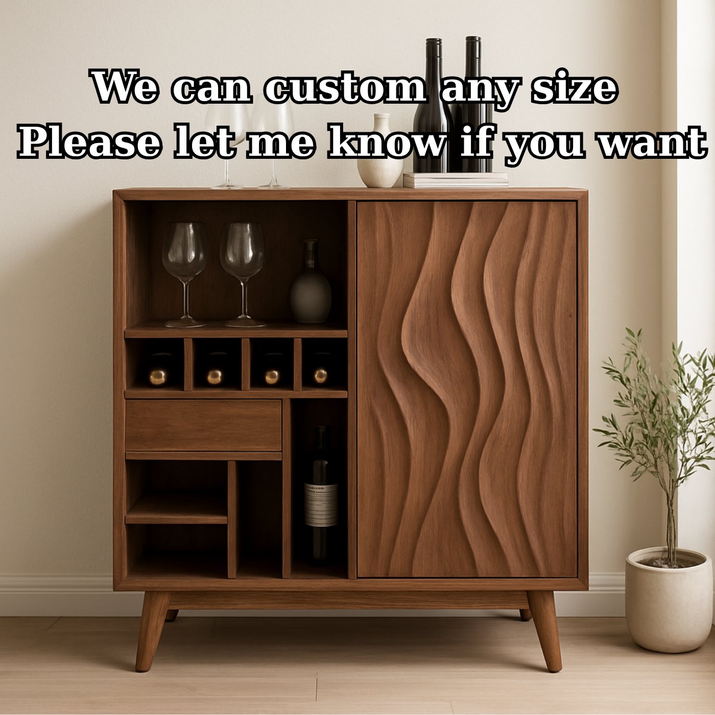 Solid Wood Wine Cabinet with Wave Carved Door and Compact Bottle Storage