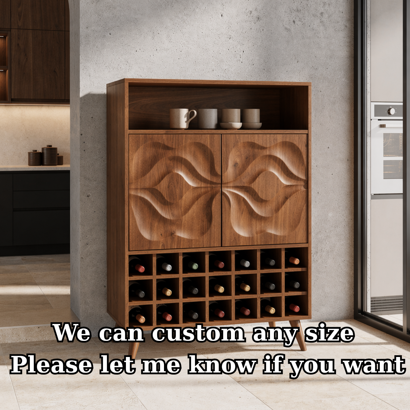 Solid Wood Wine Cabinet with Carved Doors and Grid Bottle Storage