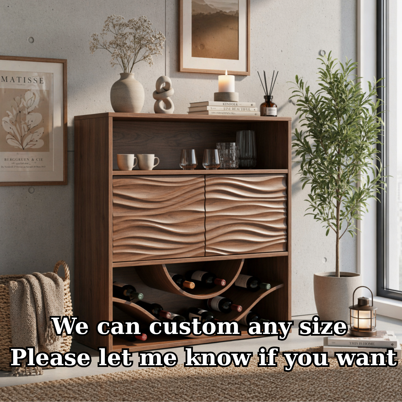 Solid Wood Wine Cabinet with Wave Carved Doors and Open Bottle Storage