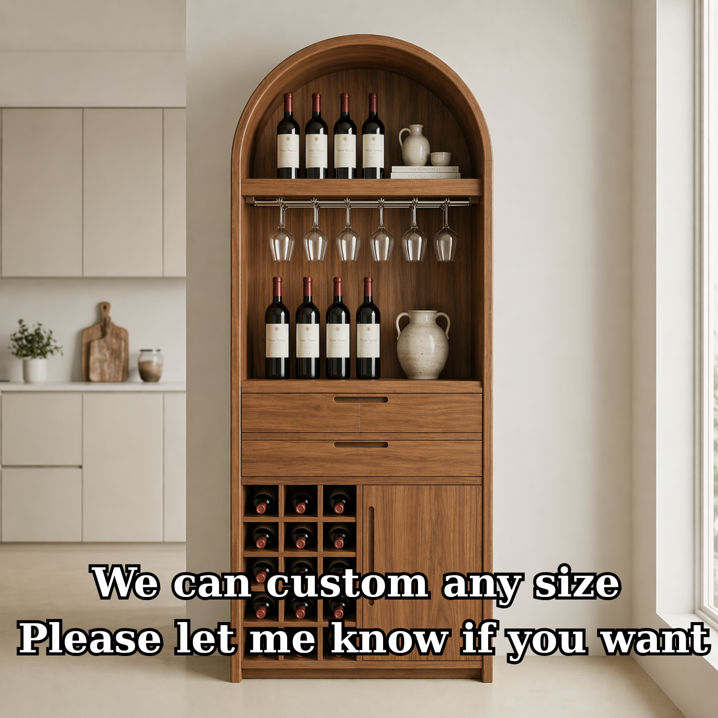 Solid Wood Wine Cabinet with Arched Top, Glass Holder and Bottle Storage