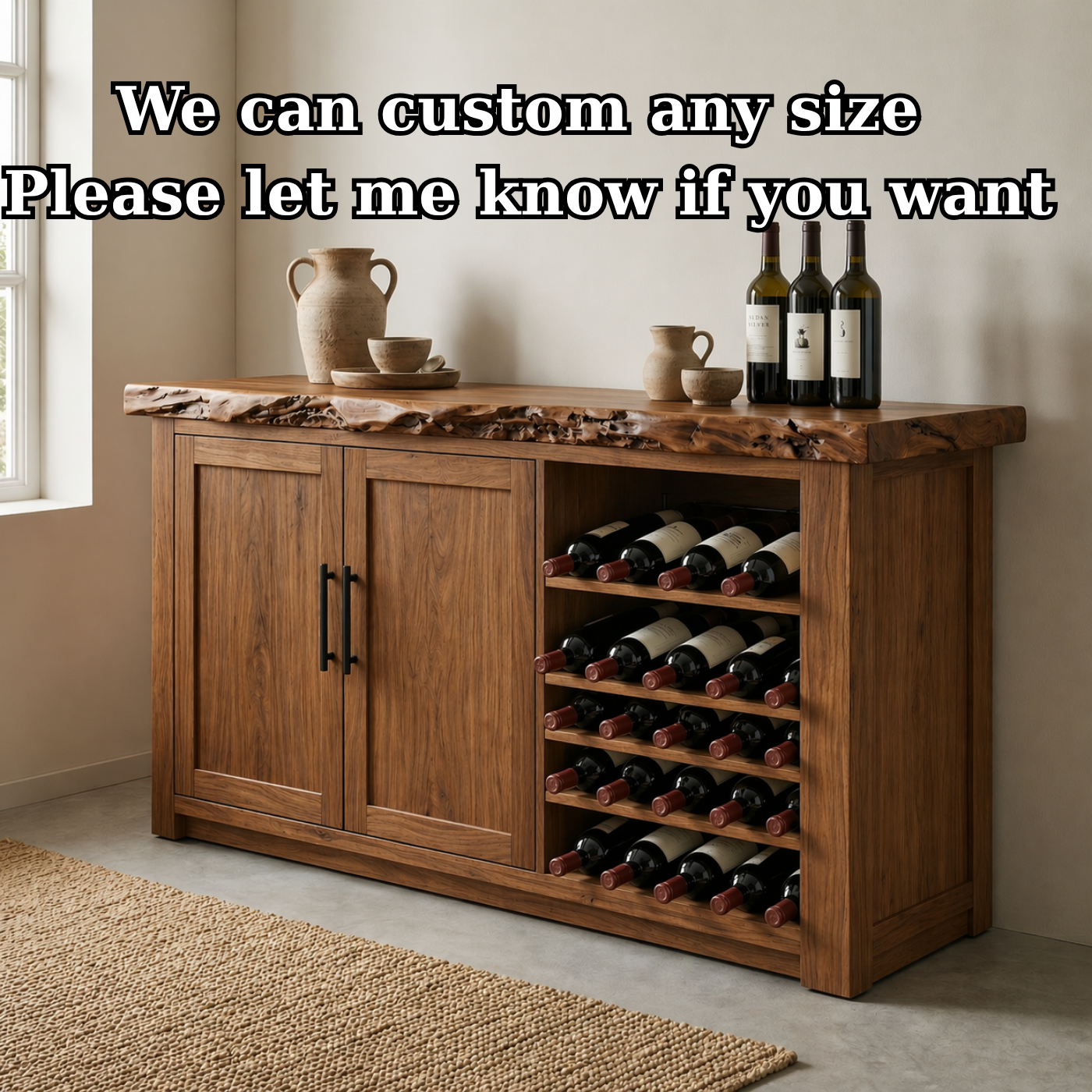 Solid Wood Wine Cabinet with Live Edge Top and Built-In Bottle Rack