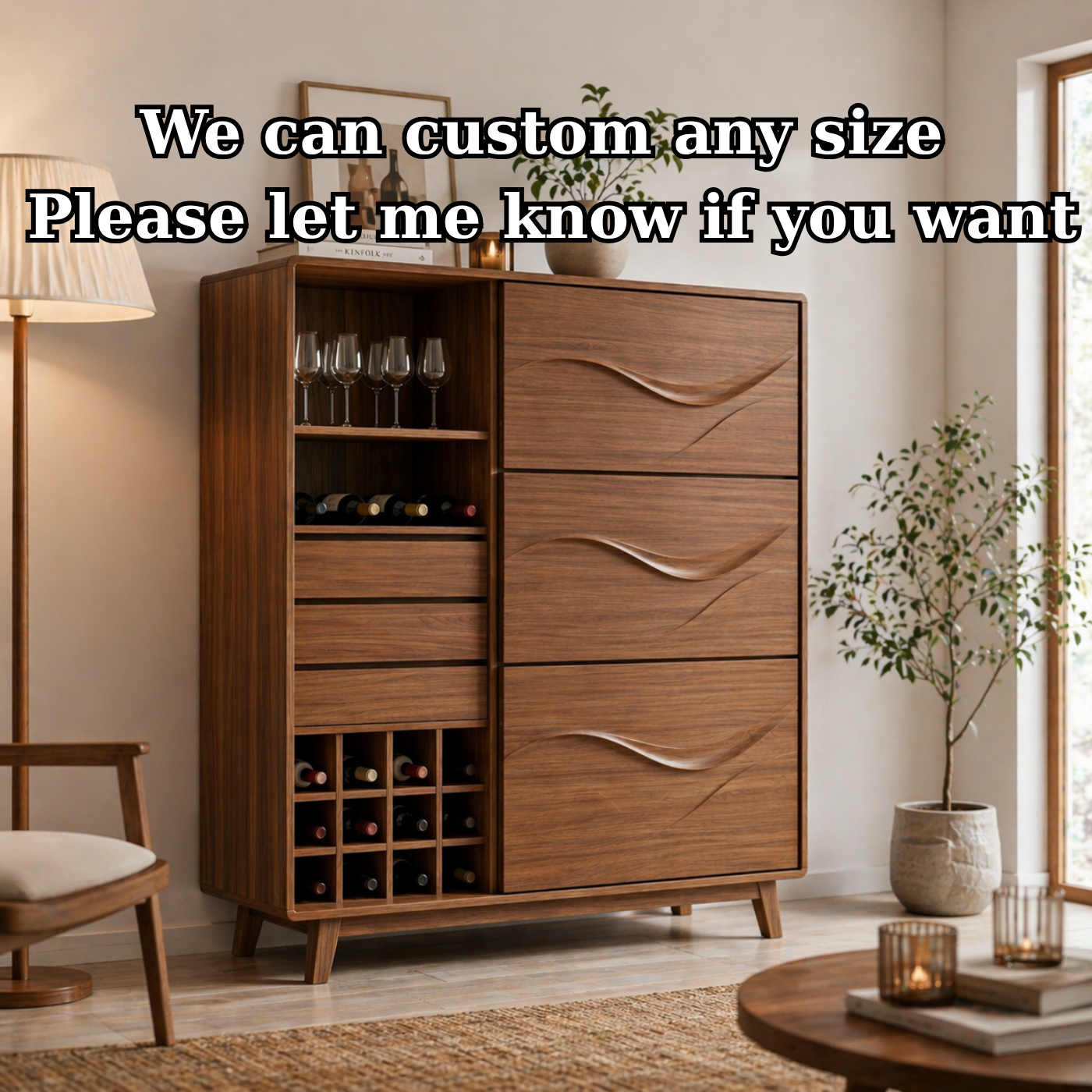 Solid Wood Wine Cabinet with Wave Carved Drawers and Bottle Storage