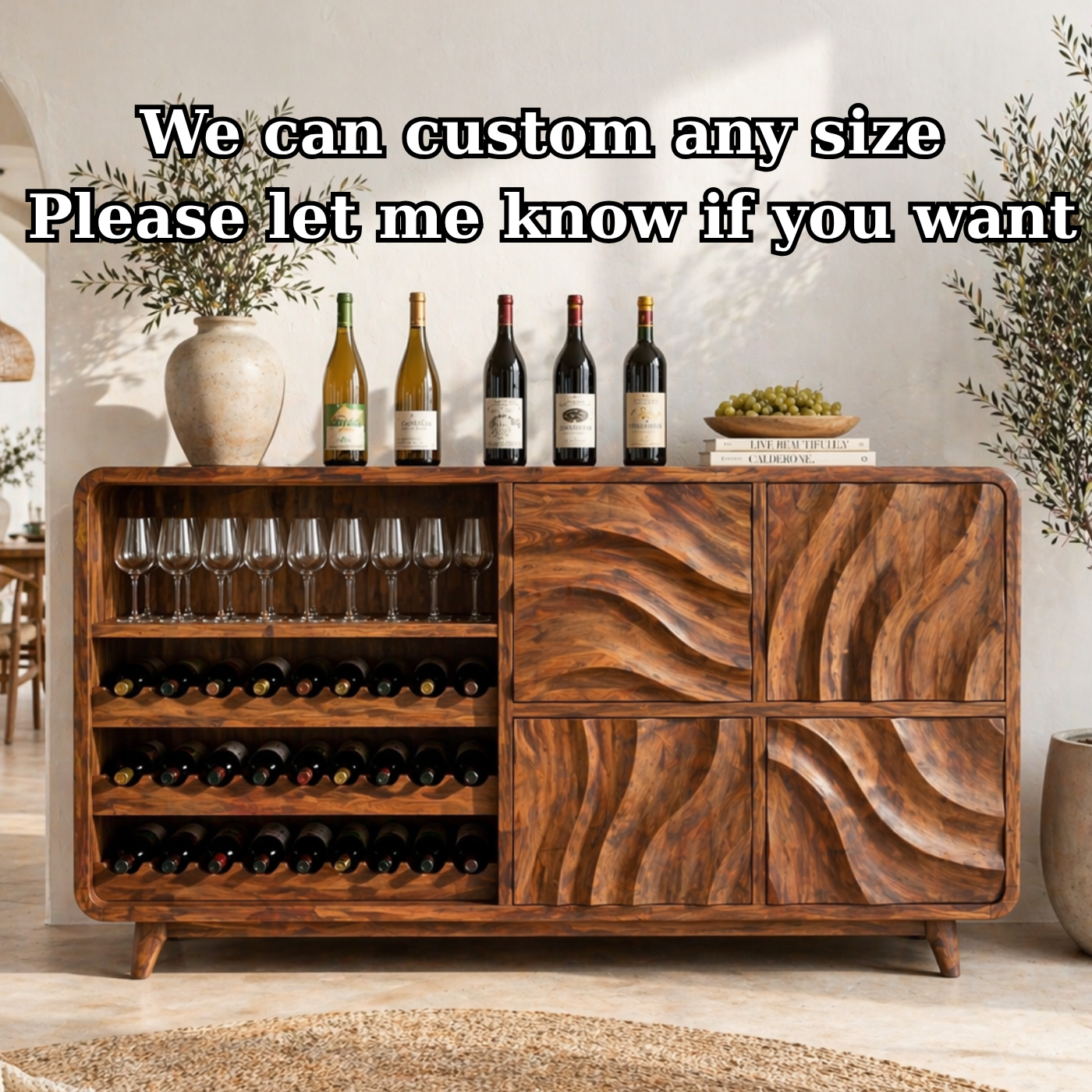 Solid Wood Wine Sideboard with Wave Carved Doors and Open Bottle Storage