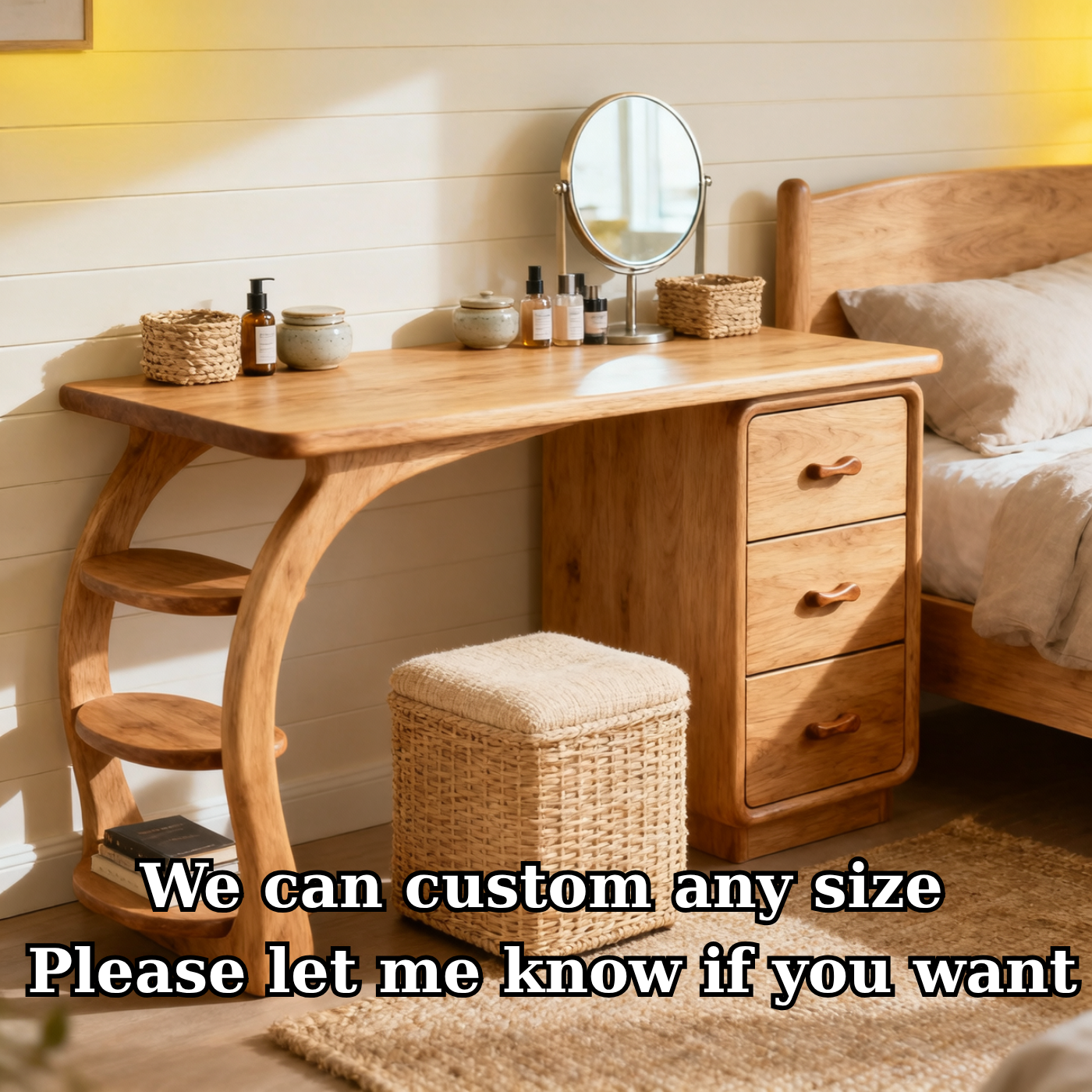 Solid Wood Makeup Vanity Desk with Curved Side Shelves and Drawer Storage
