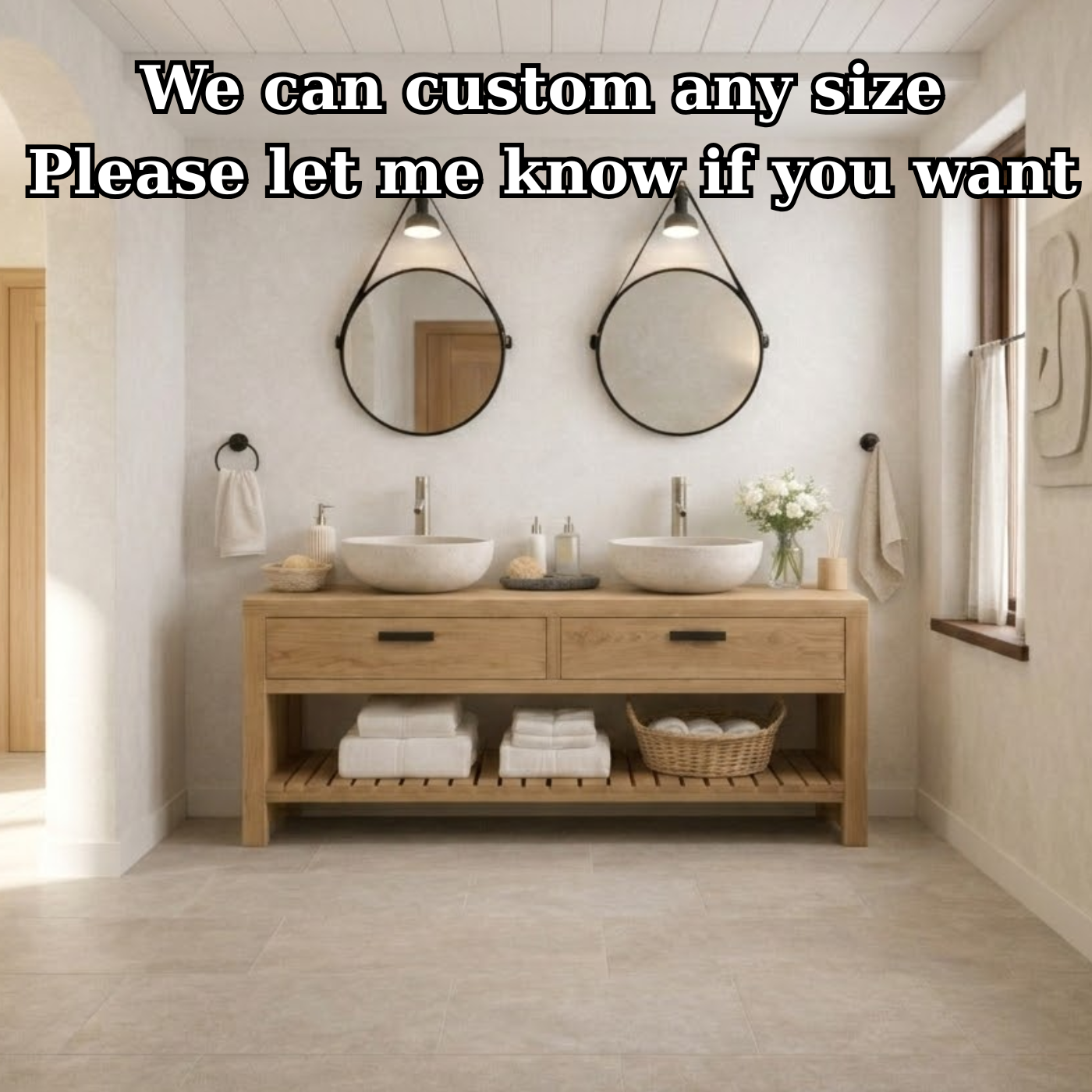 Scandinavian Solid Wood Double Sink Bathroom Vanity with Dual Drawers and Slatted Open Shelf