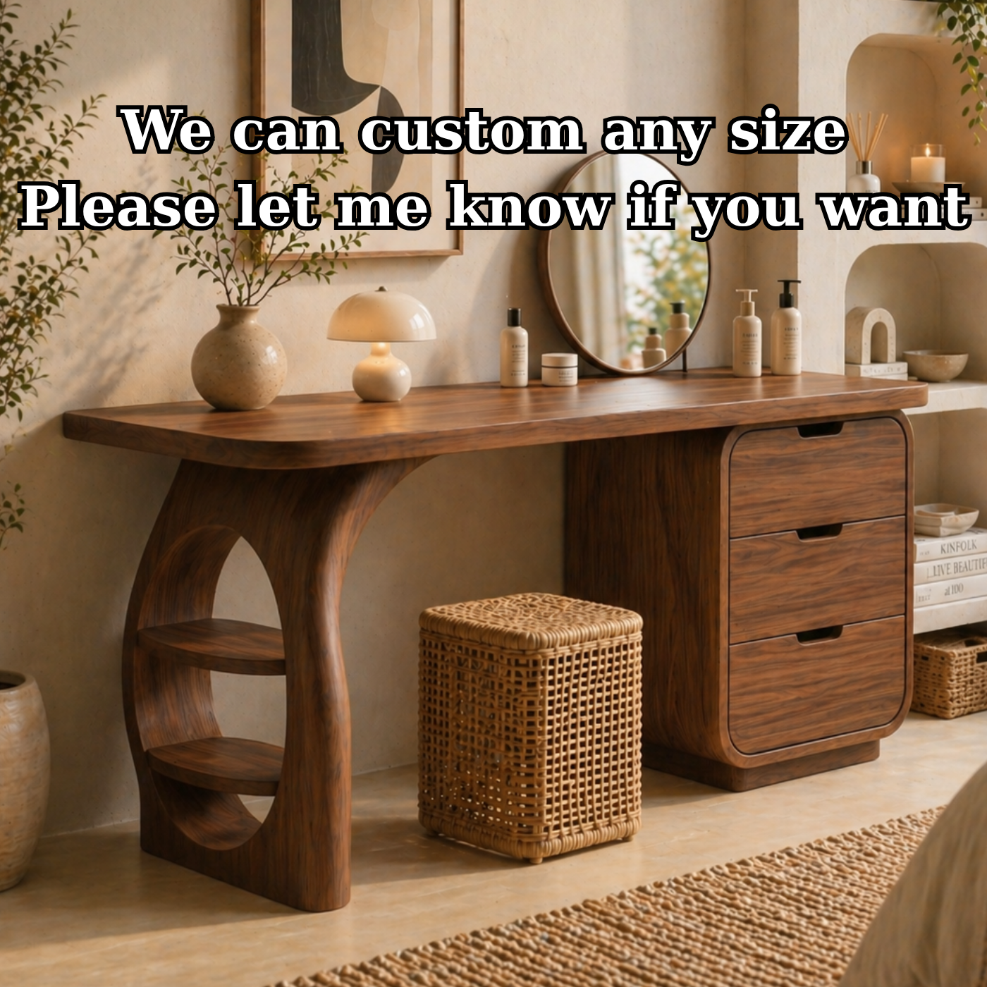 Solid Wood Makeup Vanity Desk with Sculptural Base and Drawer Storage