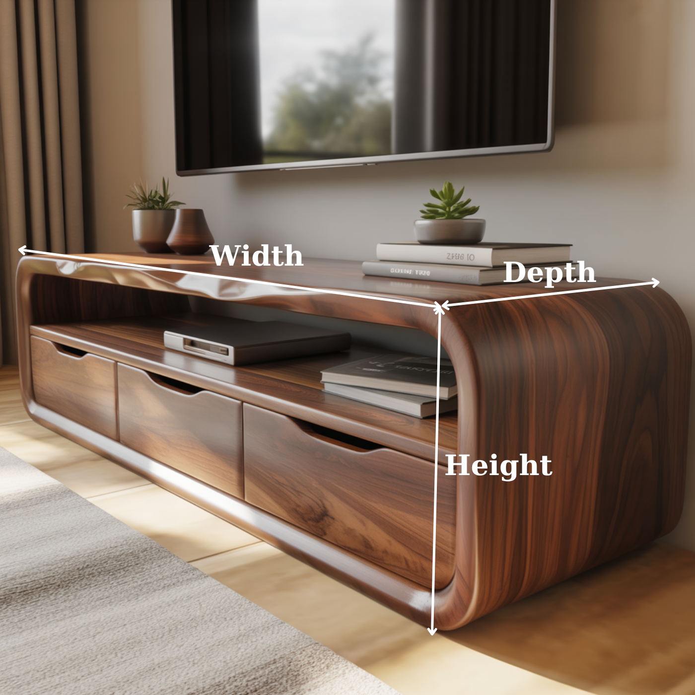 Luxury Curved Solid Wood TV Stand with Open Shelf and Drawer Storage