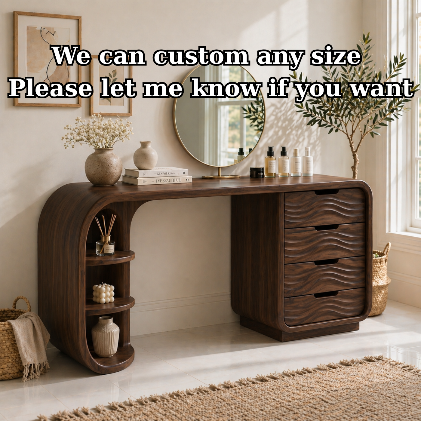 Solid Wood Makeup Vanity Desk with Curved Shelf Base and Wave Drawer Storage