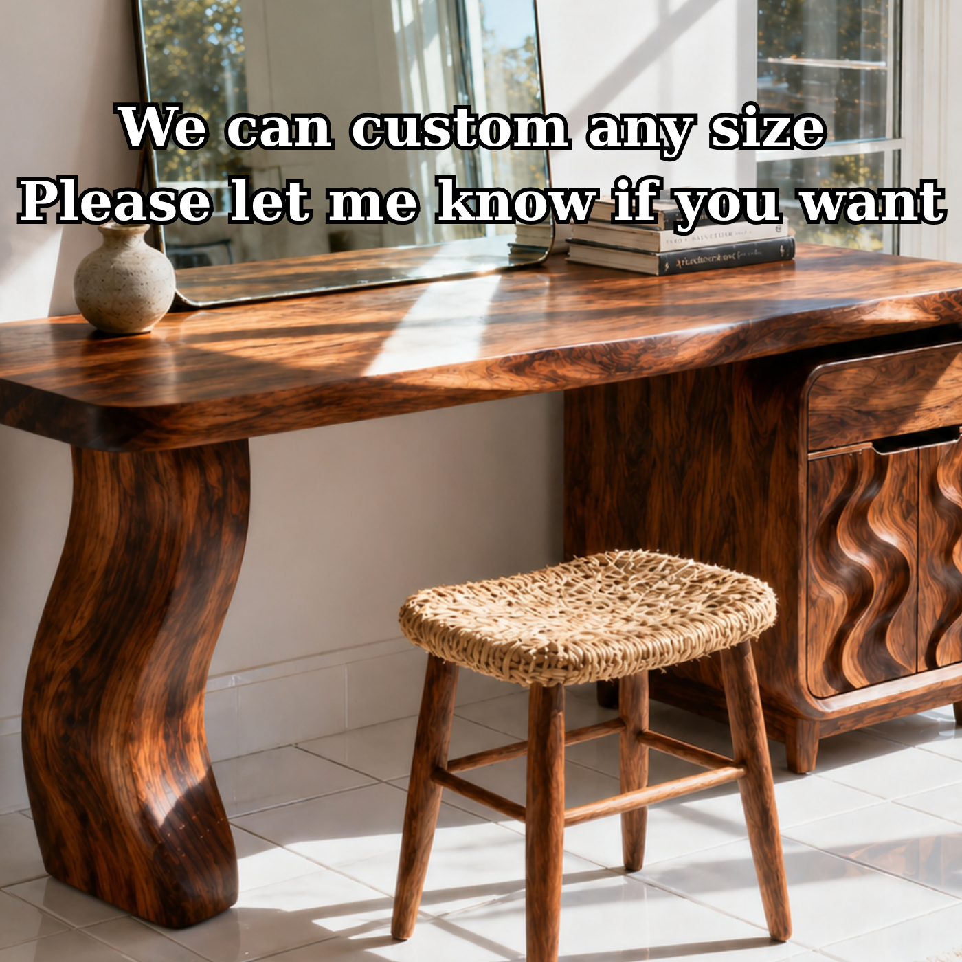 Solid Wood Makeup Vanity Desk with Sculptural Base and Wave Carved Cabinet