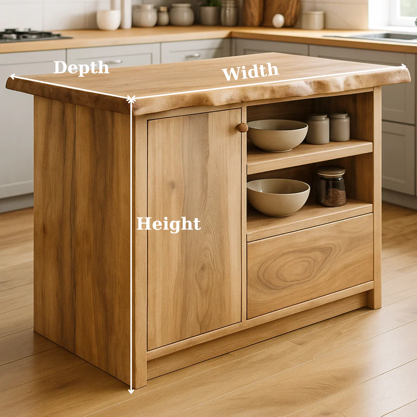 Solid Wood Kitchen Island with Cabinet and Open Shelves, Modern Oak Kitchen Prep Table