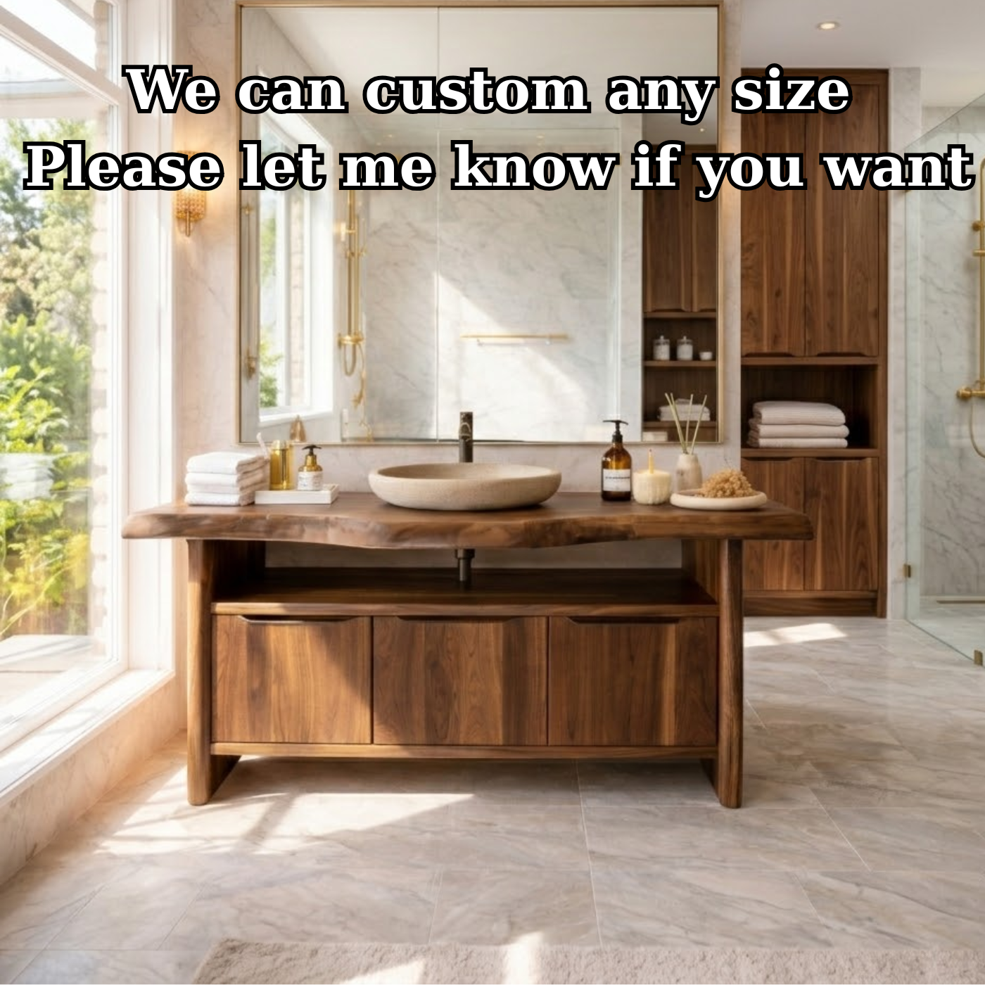 Live Edge Solid Wood Bathroom Vanity with Three Drawers and Open Shelf for Modern Luxury Bathrooms