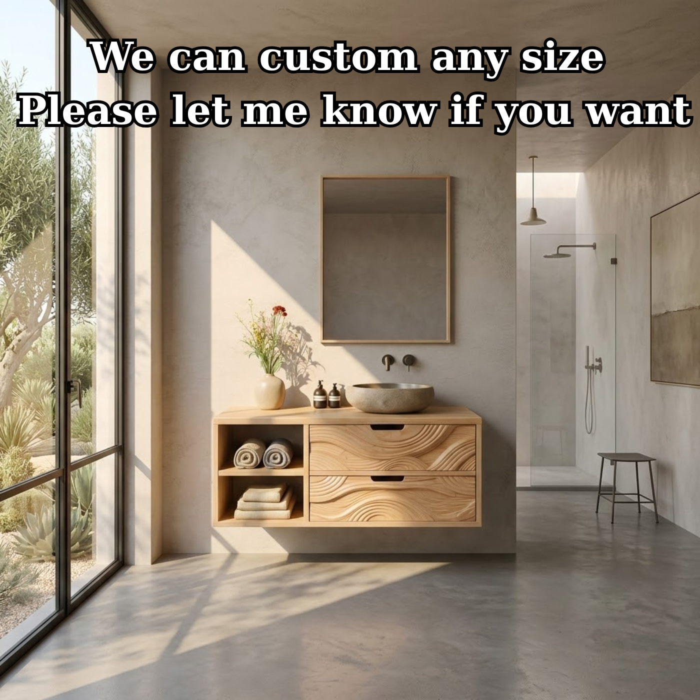 Floating Solid Wood Bathroom Vanity with Sculpted Wave Drawers and Open Shelf – Modern Organic Bathroom Cabinet