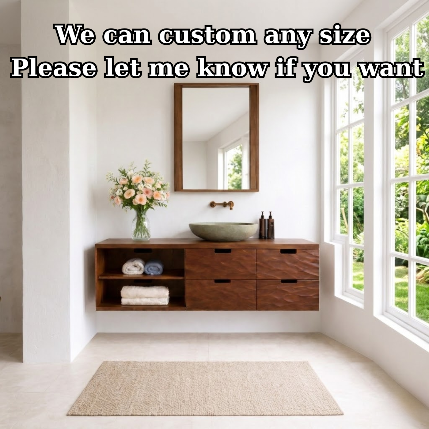 Floating Solid Wood Bathroom Vanity with Textured Drawer Fronts and Open Shelf – Modern Rustic Wall Mounted Vanity