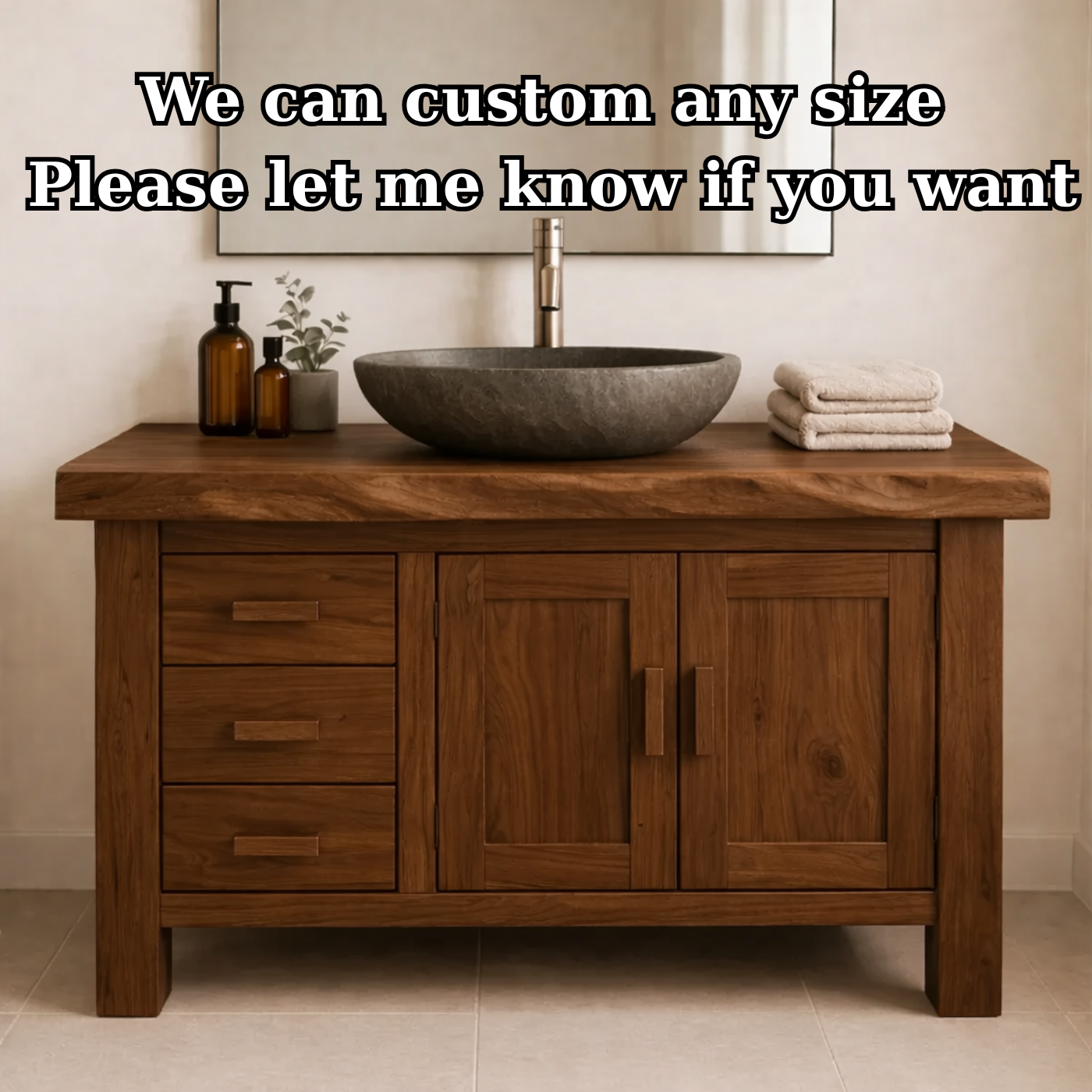 Rustic Solid Wood Bathroom Vanity Cabinet with Drawers and Double Door Storage
