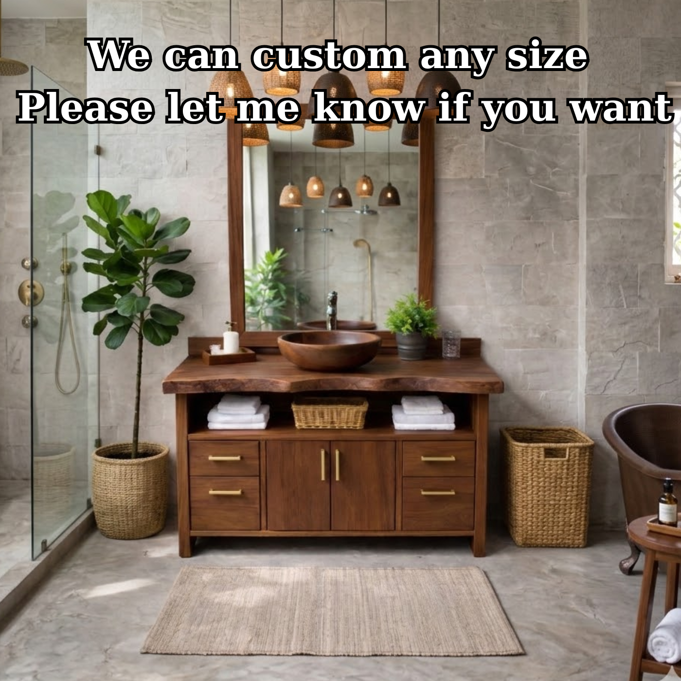 Live Edge Solid Wood Bathroom Vanity with Four Drawers, Double Cabinet Doors and Open Shelf