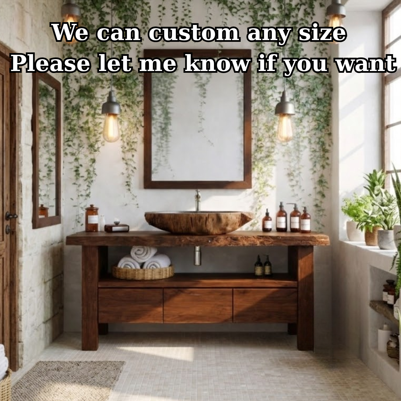 Live Edge Solid Wood Bathroom Vanity with Drawers and Open Shelf – Rustic Natural Wood Bathroom Vanity