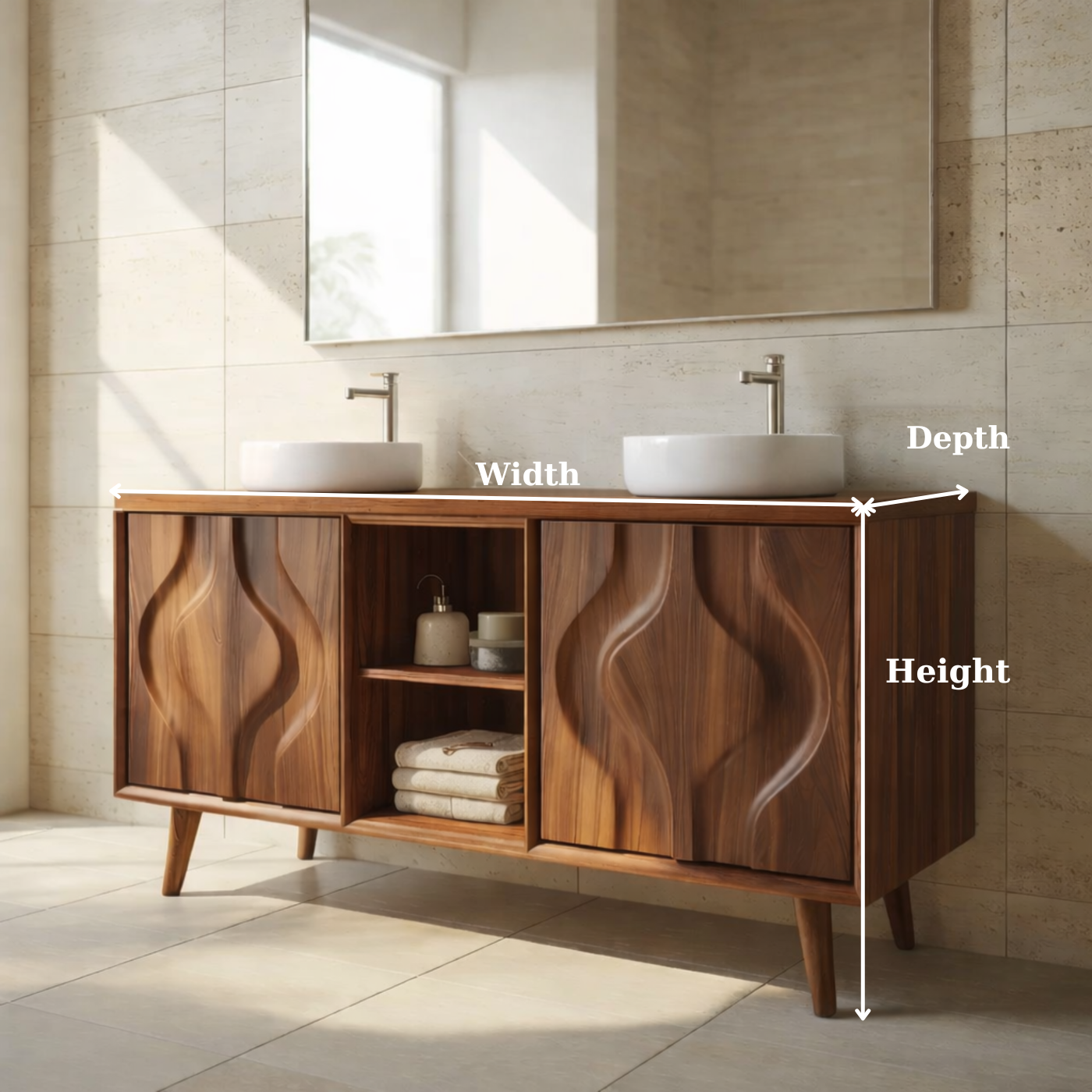 Mid-Century Solid Wood Double Bathroom Vanity Cabinet with Sculpted Wave Doors and Open Shelf