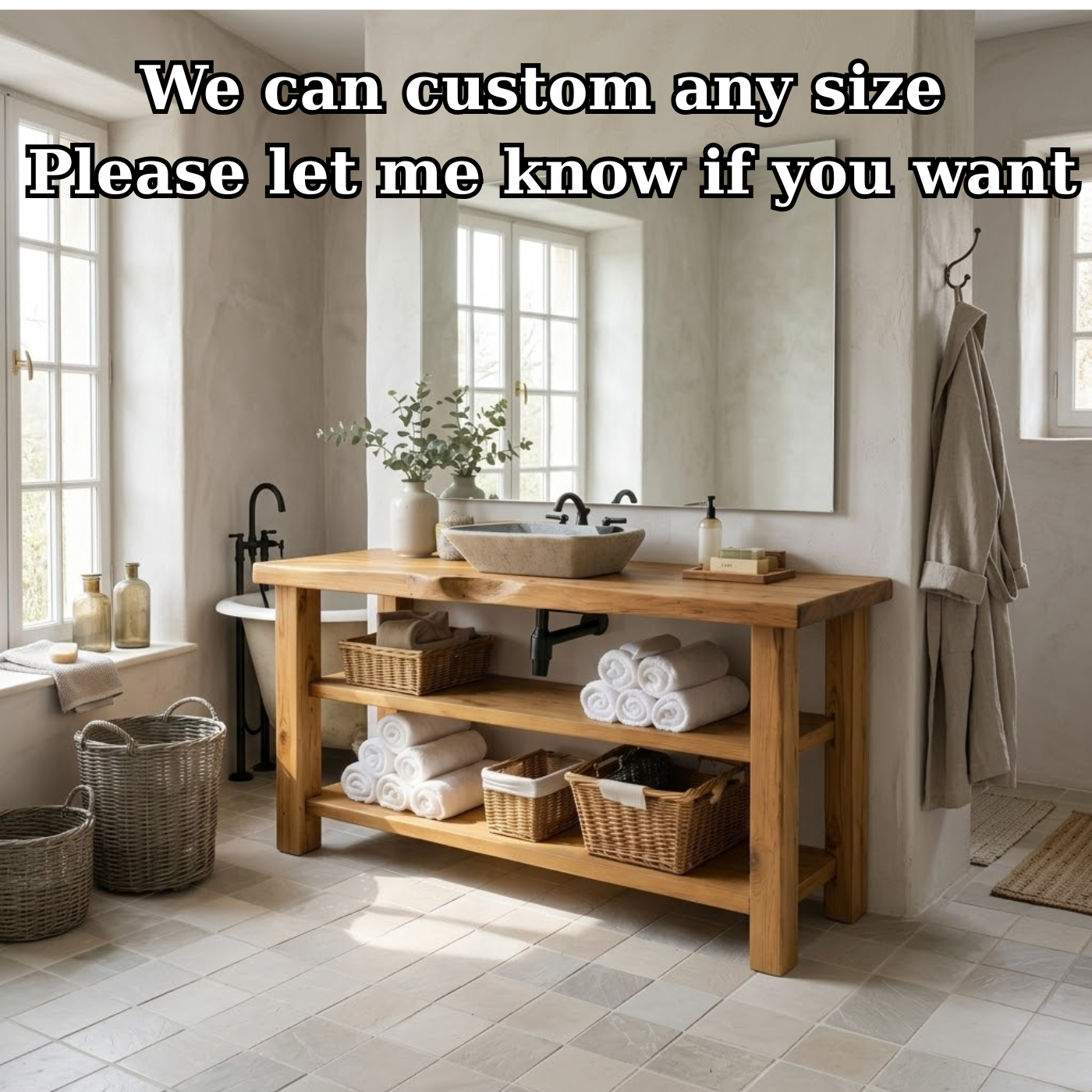 Solid Wood Console Bathroom Vanity with Open Shelves – Rustic Farmhouse Single Sink Vanity