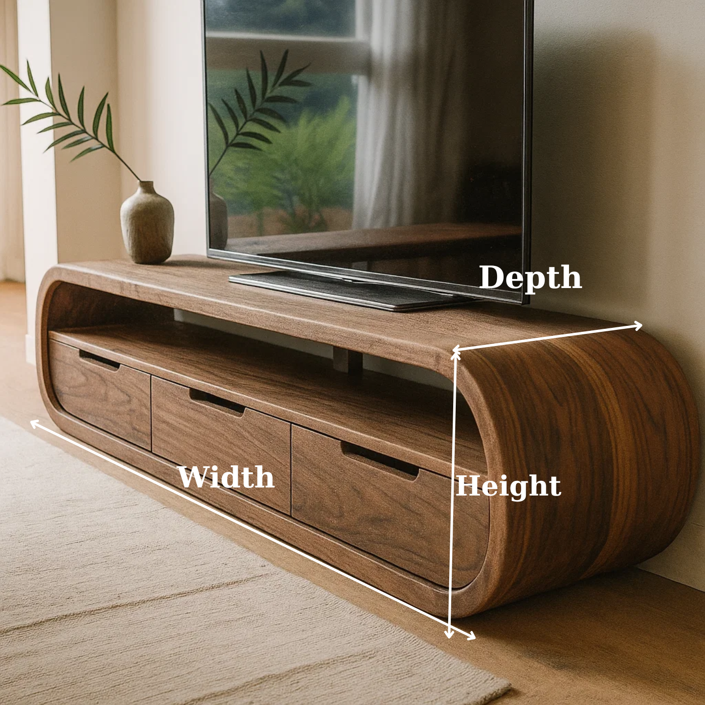 Modern Curved Solid Wood TV Stand with Drawer Storage
