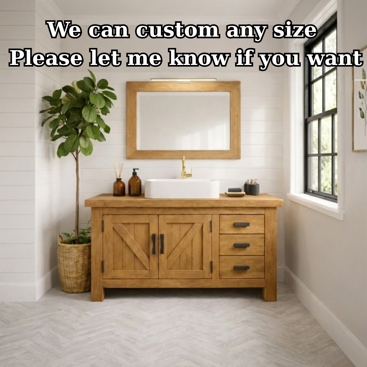 Rustic Farmhouse Solid Wood Bathroom Vanity with Double Barn Doors and Three Side Drawers