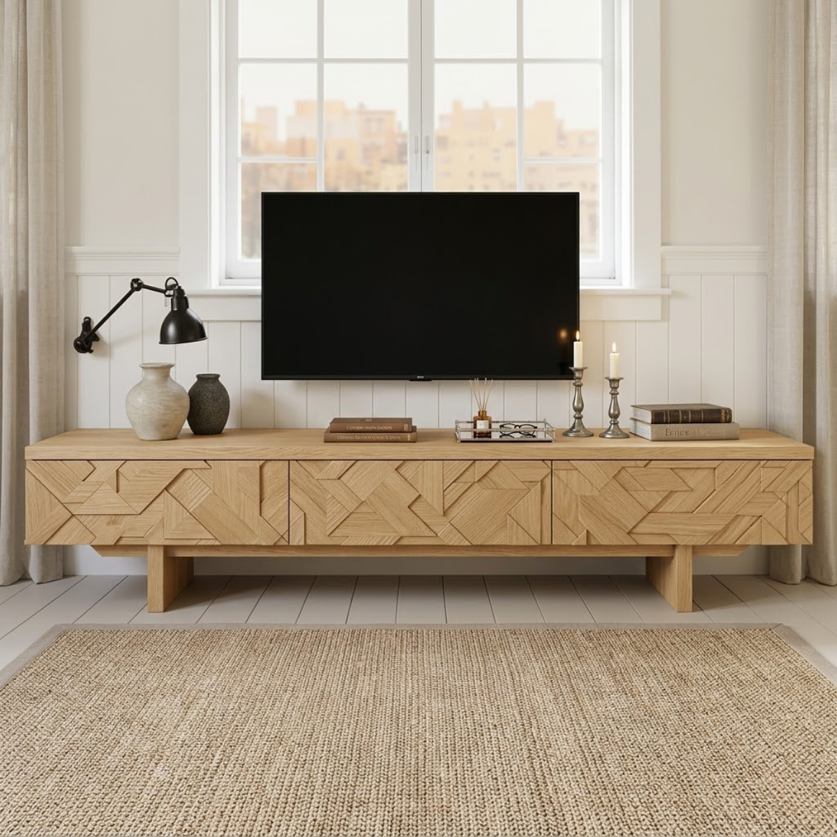 Solid Wood TV Stand with Geometric Doors, Modern Media Console Cabinet