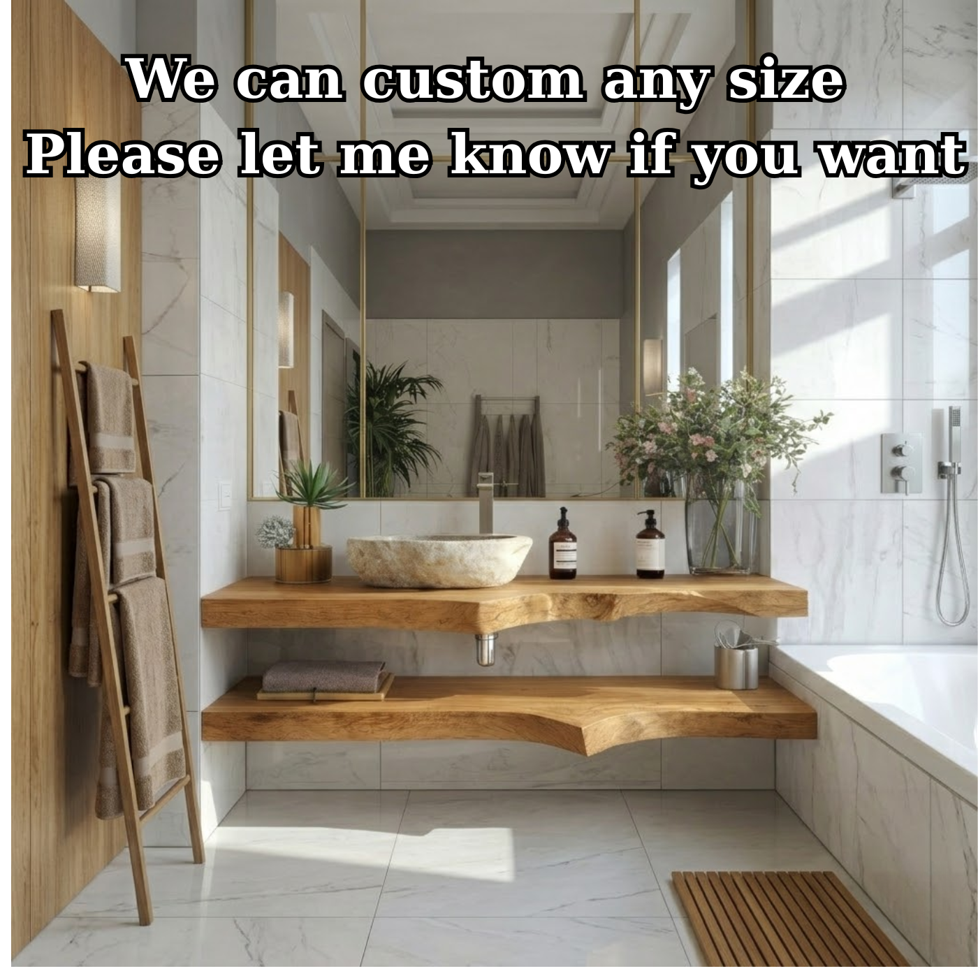Floating Live Edge Solid Wood Bathroom Vanity with Dual Shelves – Modern Natural Wood Wall Mounted Vanity