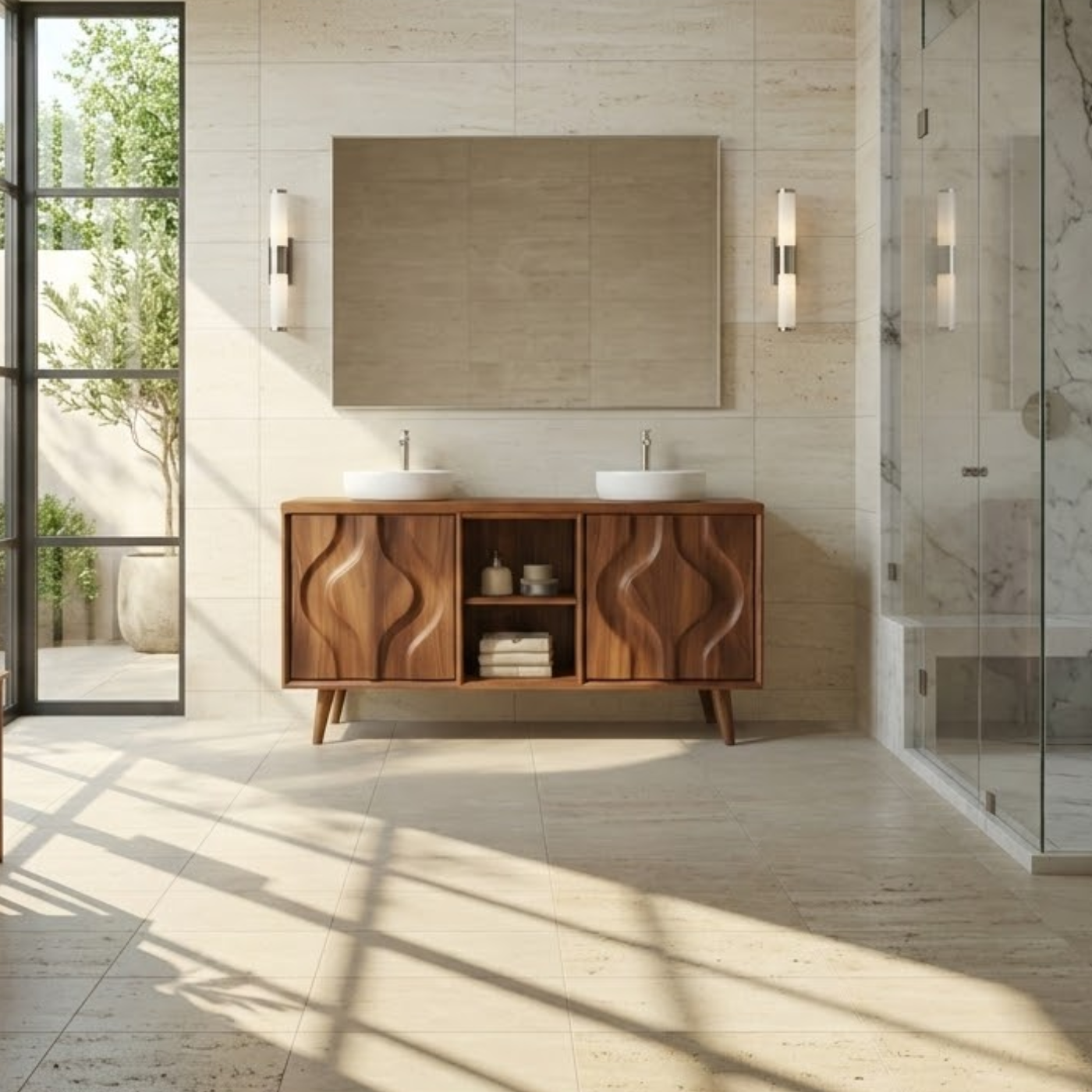 Mid-Century Solid Wood Double Bathroom Vanity Cabinet with Sculpted Wave Doors and Open Shelf