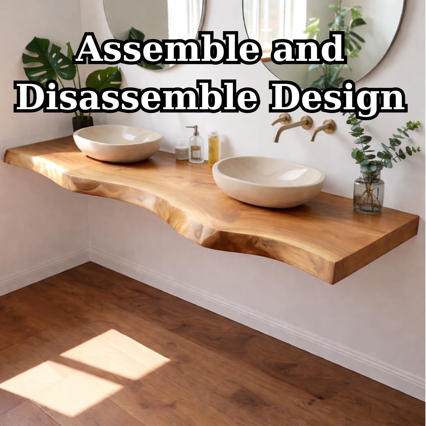 Floating Live Edge Solid Wood Double Sink Bathroom Vanity Top – Rustic Wall Mounted Wood Countertop