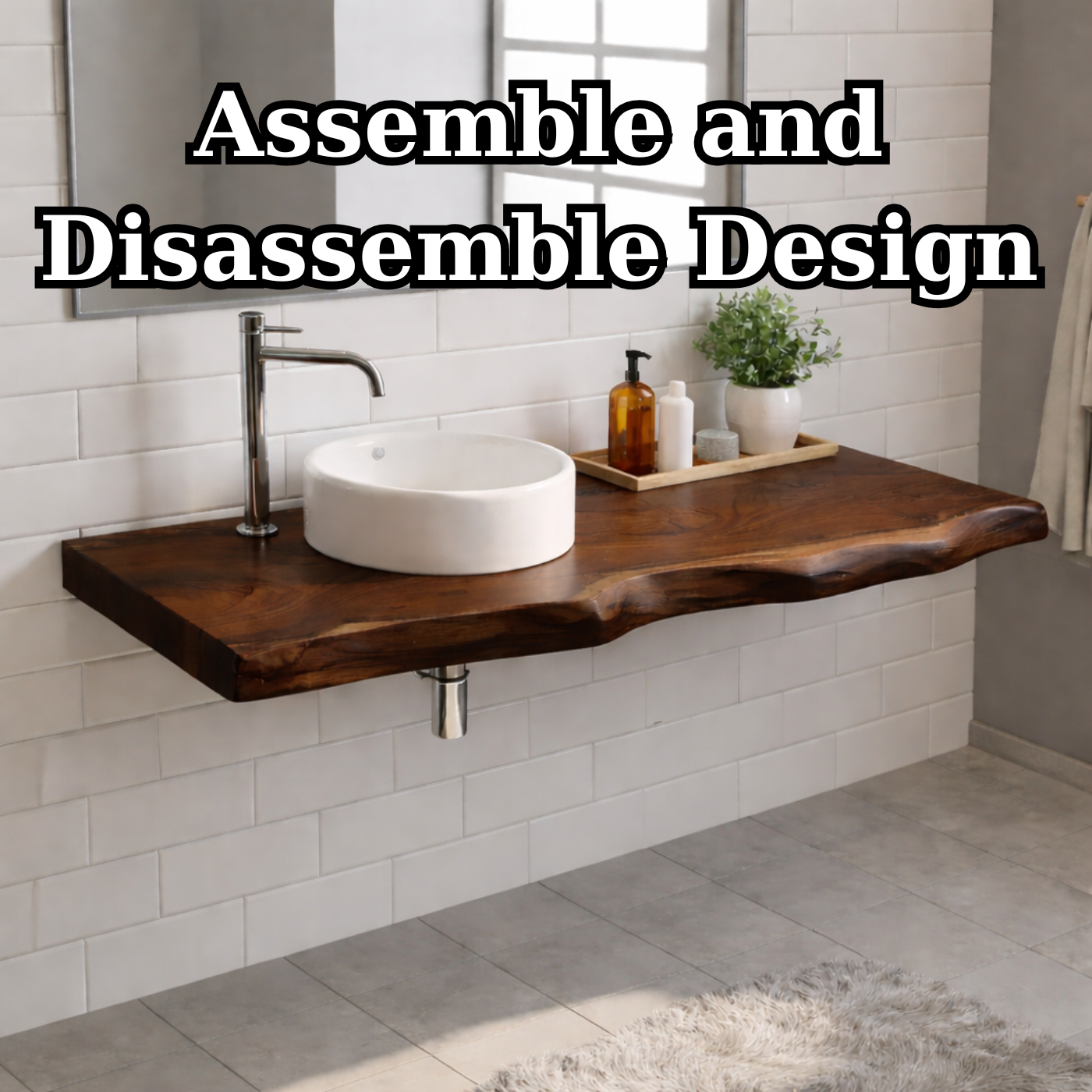 Floating Live Edge Solid Wood Bathroom Vanity Top – Rustic Wall Mounted Wood Countertop