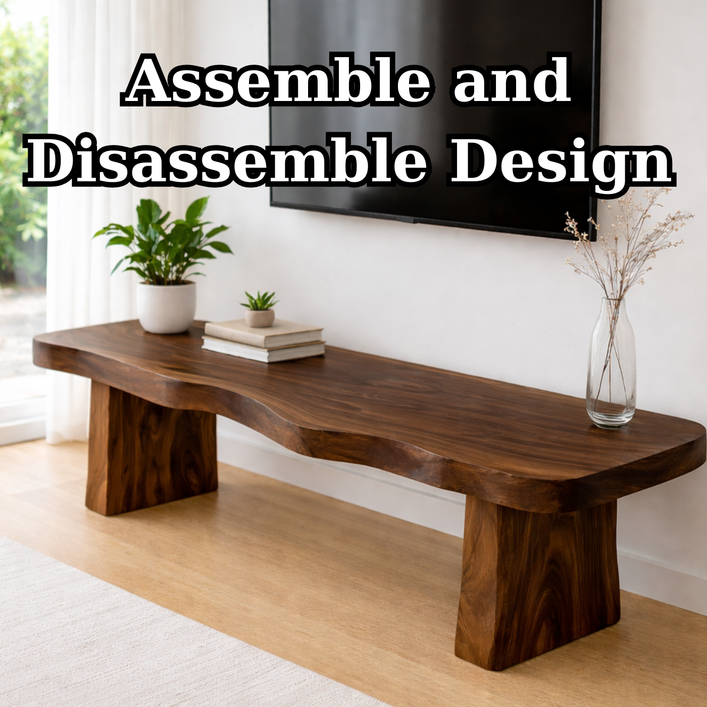 Live Edge Solid Wood TV Stand – Rustic Walnut Media Console Table for Living Room