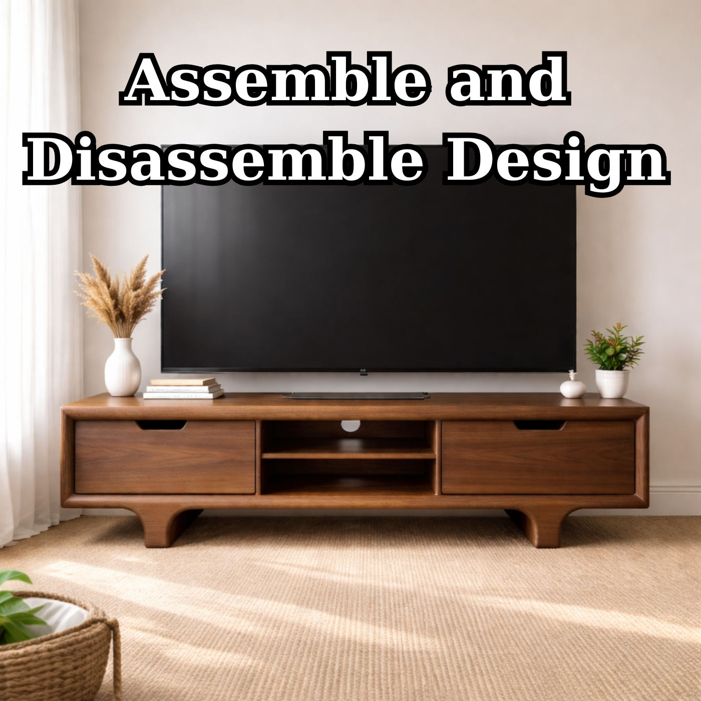 Mid Century Walnut Wood TV Stand with Drawers – Solid Wood Media Console Cabinet