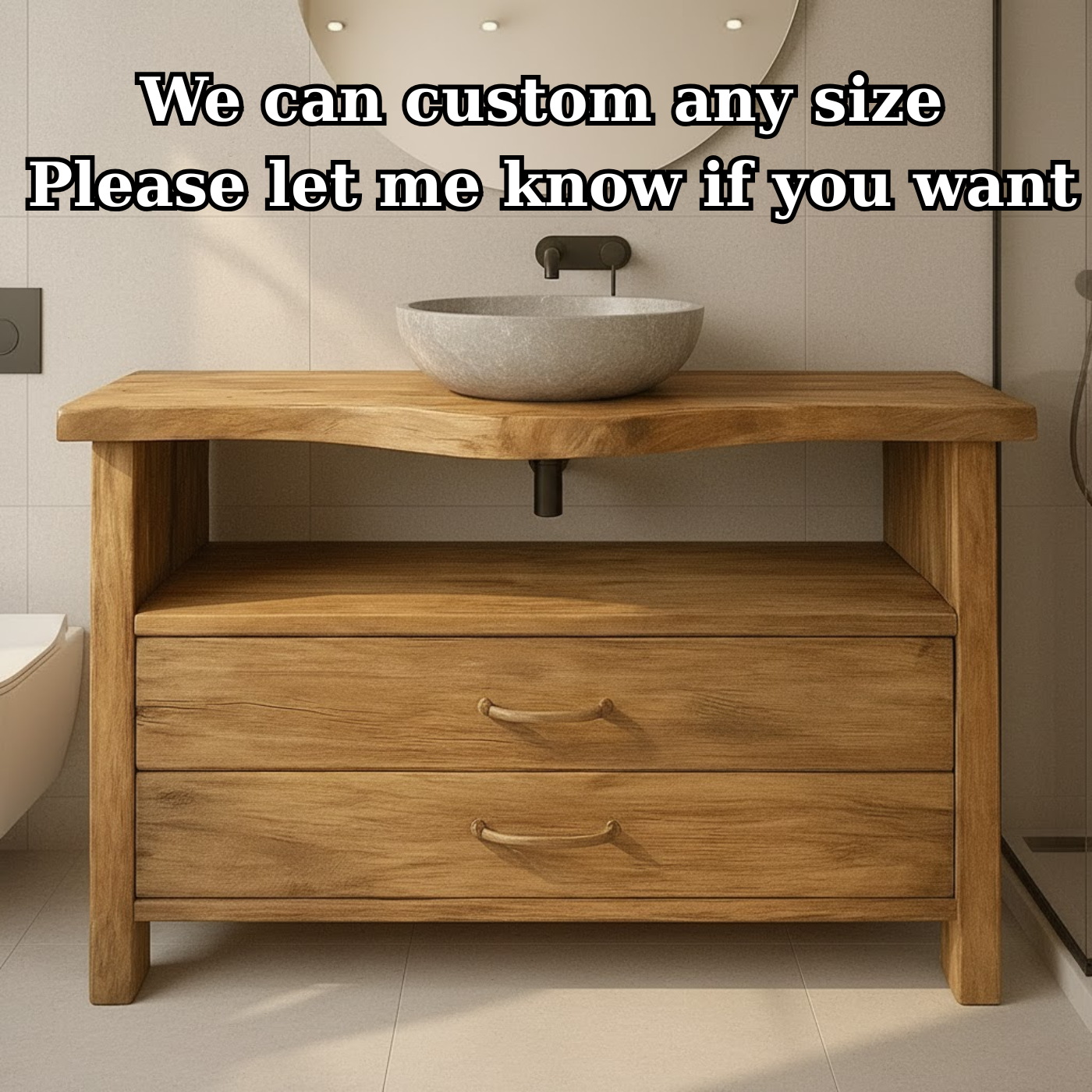 Live Edge Solid Wood Bathroom Vanity with 2 Drawers and Open Shelf for Contemporary Farmhouse Bathrooms