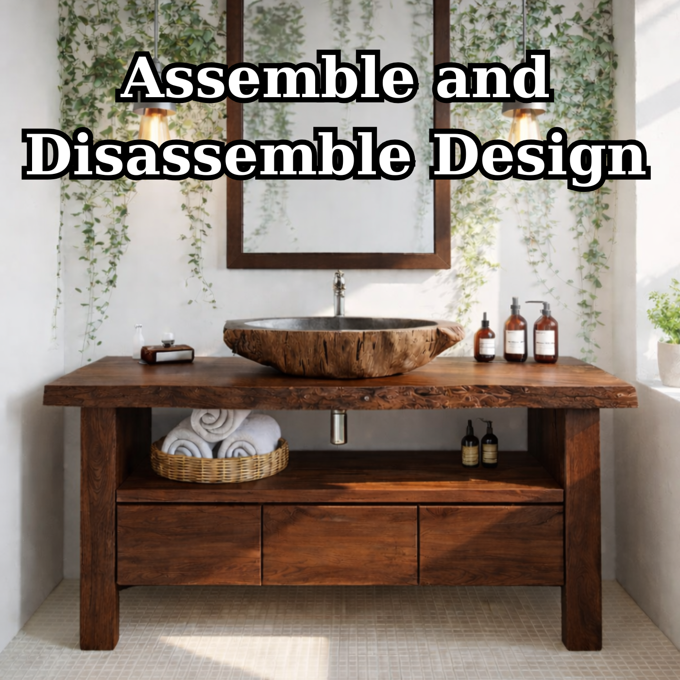Live Edge Solid Wood Bathroom Vanity with Drawers and Open Shelf – Rustic Natural Wood Bathroom Vanity