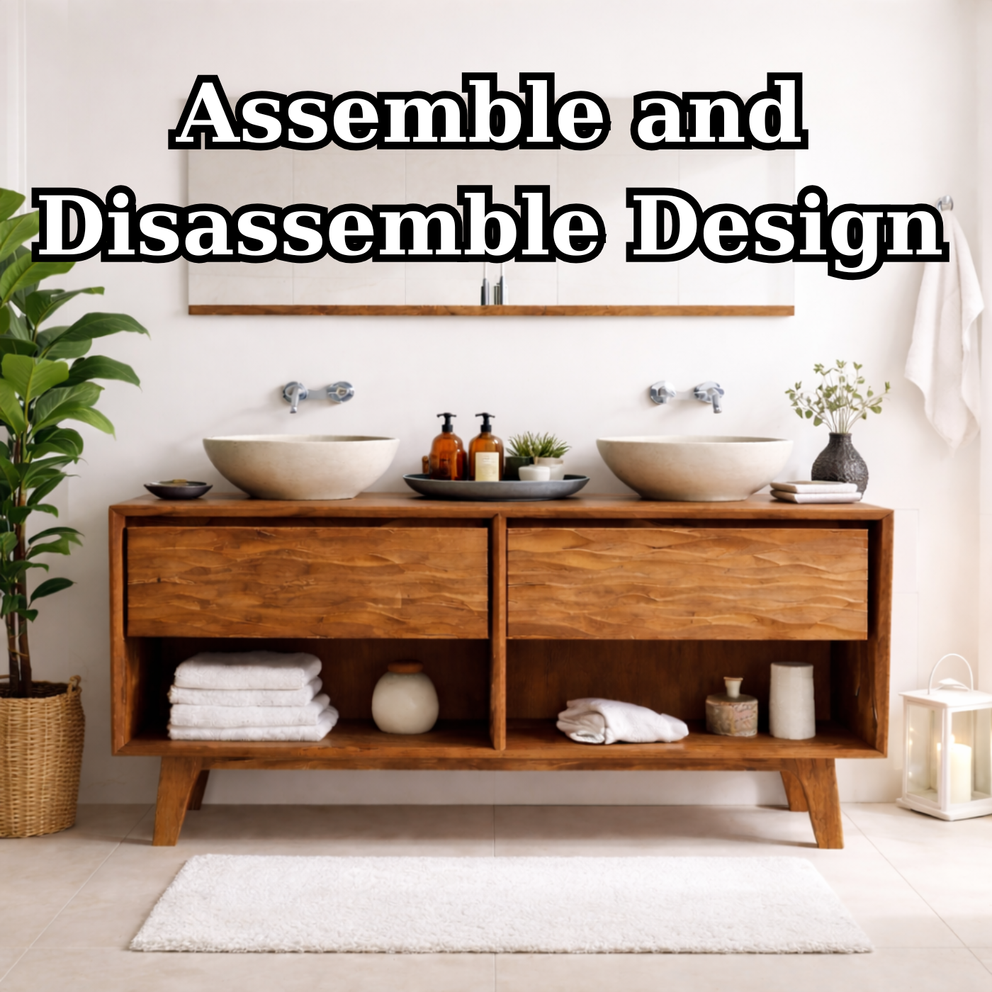 Mid-Century Solid Wood Double Bathroom Vanity with Sculpted Wave Drawer Fronts and Open Storage