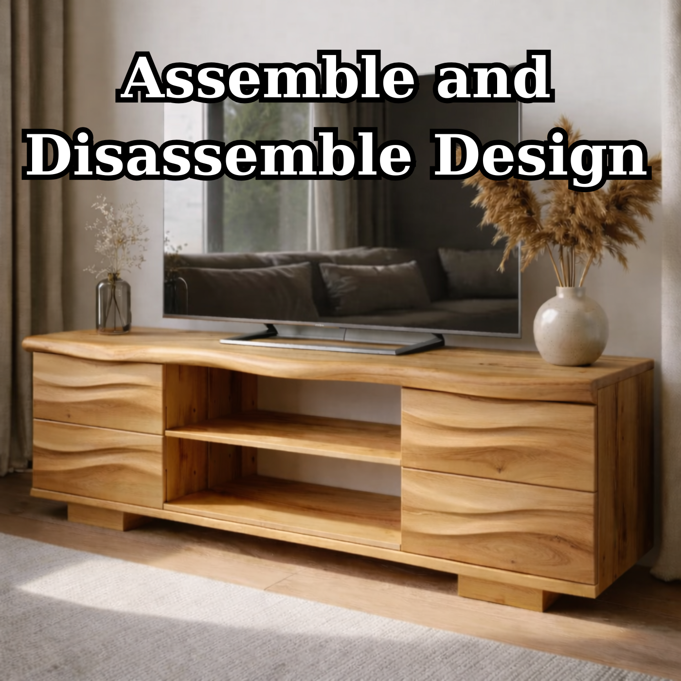 Solid Wood TV Stand with Drawers and Open Shelves for Natural Style Interiors