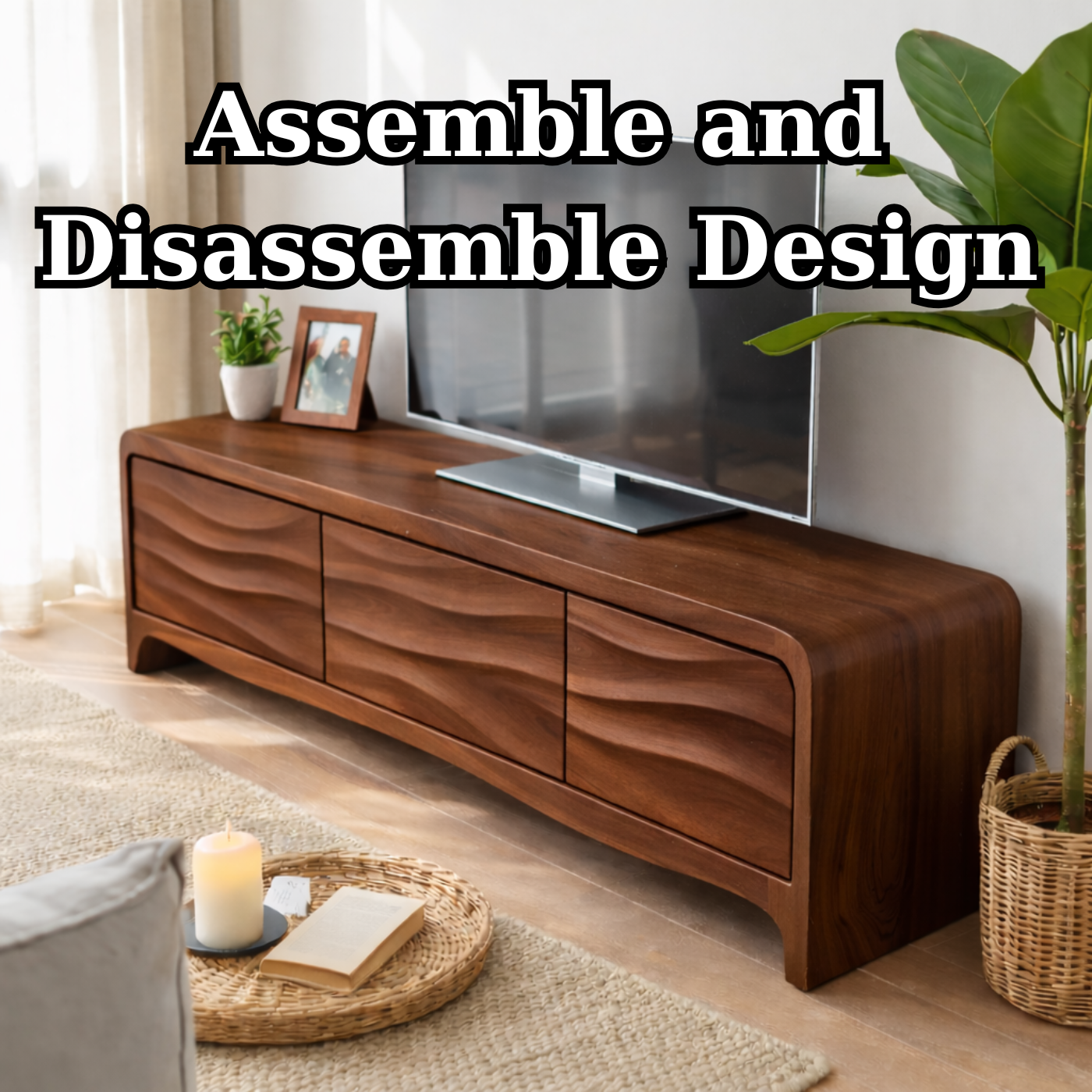 Solid Wood TV Stand with Wave Front Drawers for Modern Living Spaces