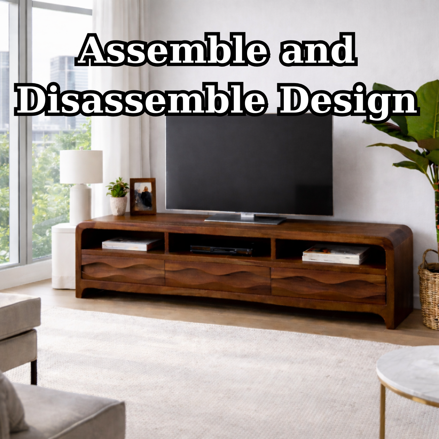 Solid Wood TV Stand with Wave-Front Drawers and Open Shelf for Stylish Living Spaces