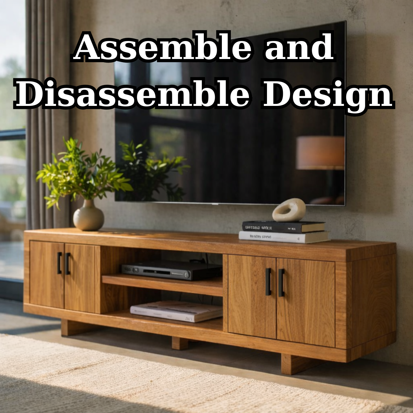 Modern Solid Wood TV Stand with Storage Cabinets and Open Media Shelf
